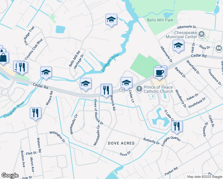 map of restaurants, bars, coffee shops, grocery stores, and more near 713 Mill Landing Road in Chesapeake
