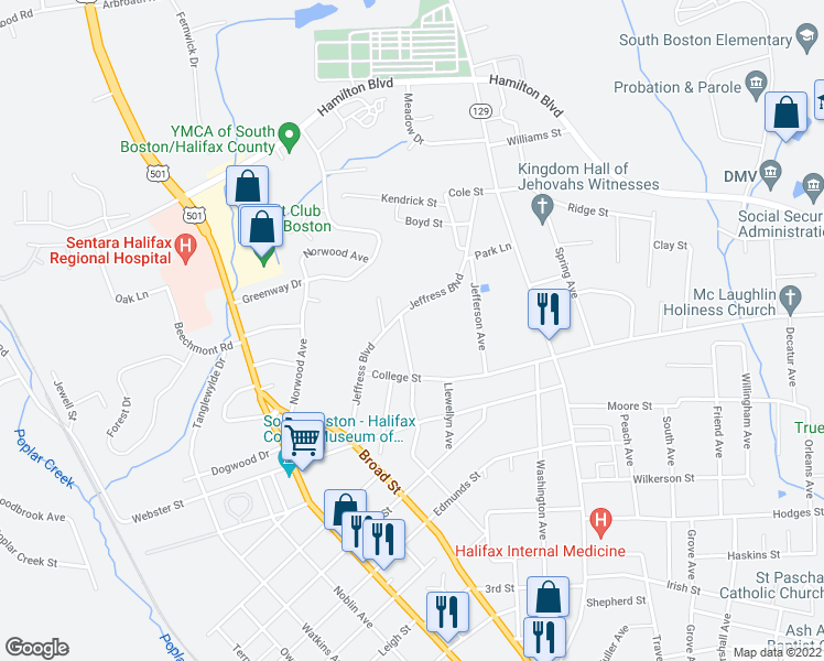 map of restaurants, bars, coffee shops, grocery stores, and more near 1892 Jeffress Boulevard in South Boston