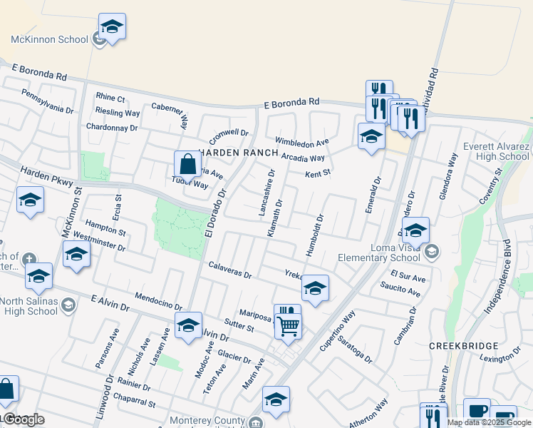 map of restaurants, bars, coffee shops, grocery stores, and more near 1806 Lancashire Drive in Salinas
