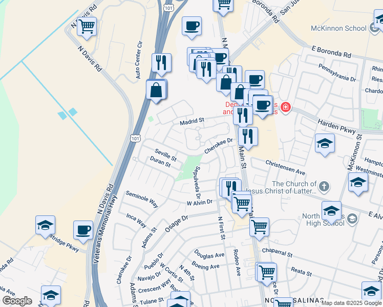map of restaurants, bars, coffee shops, grocery stores, and more near 1867 Cherokee Drive in Salinas