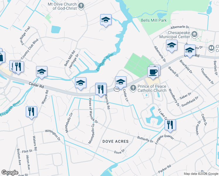 map of restaurants, bars, coffee shops, grocery stores, and more near 708 Mill Landing Road in Chesapeake