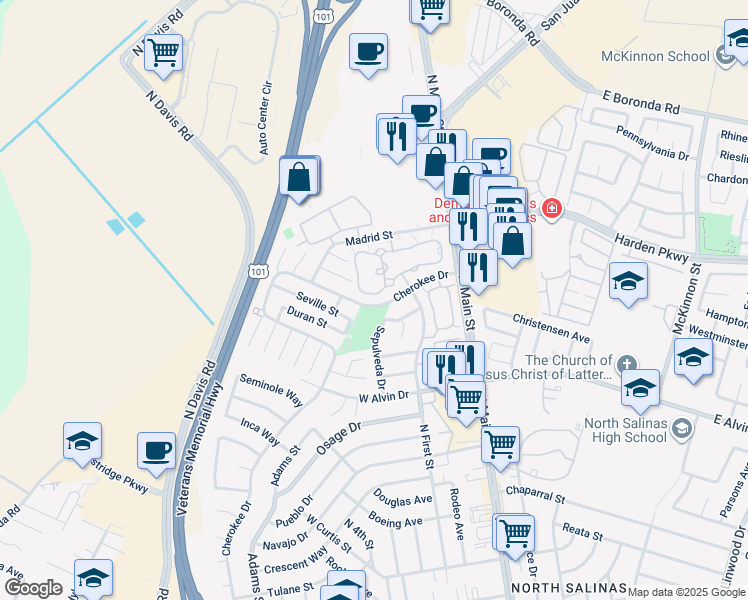 map of restaurants, bars, coffee shops, grocery stores, and more near 1877 Cherokee Drive in Salinas