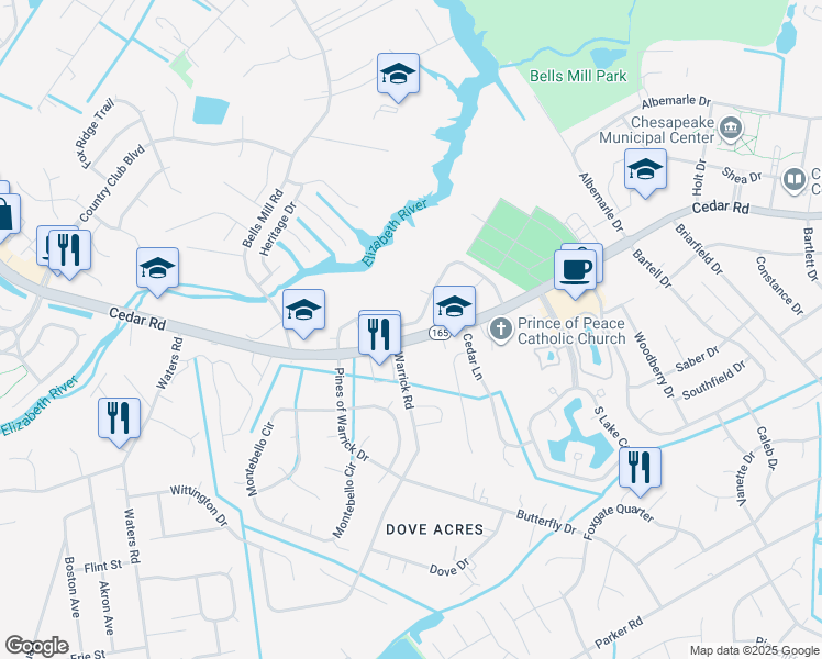 map of restaurants, bars, coffee shops, grocery stores, and more near 708 Mill Landing Road in Chesapeake