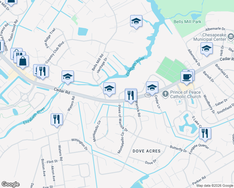 map of restaurants, bars, coffee shops, grocery stores, and more near 704 Basnight Court in Chesapeake