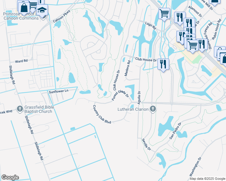 map of restaurants, bars, coffee shops, grocery stores, and more near 1329 Club House Drive in Chesapeake