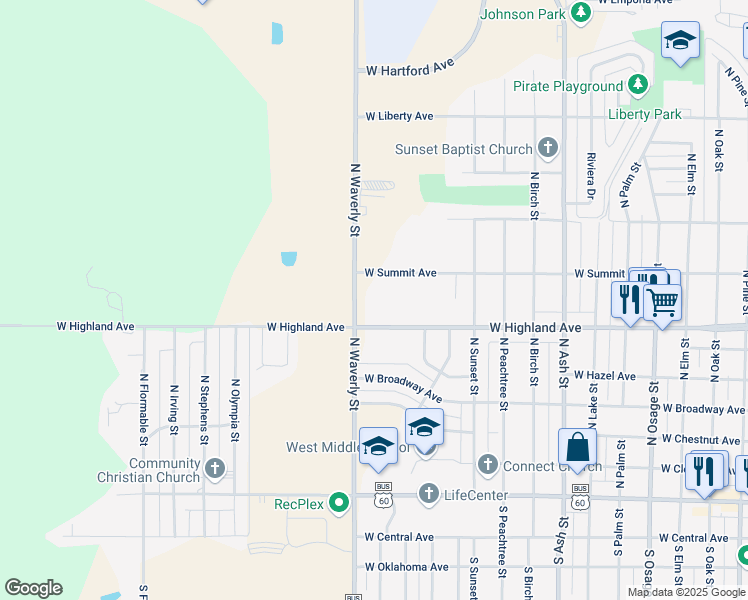 map of restaurants, bars, coffee shops, grocery stores, and more near 1515 West Highland Avenue in Ponca City