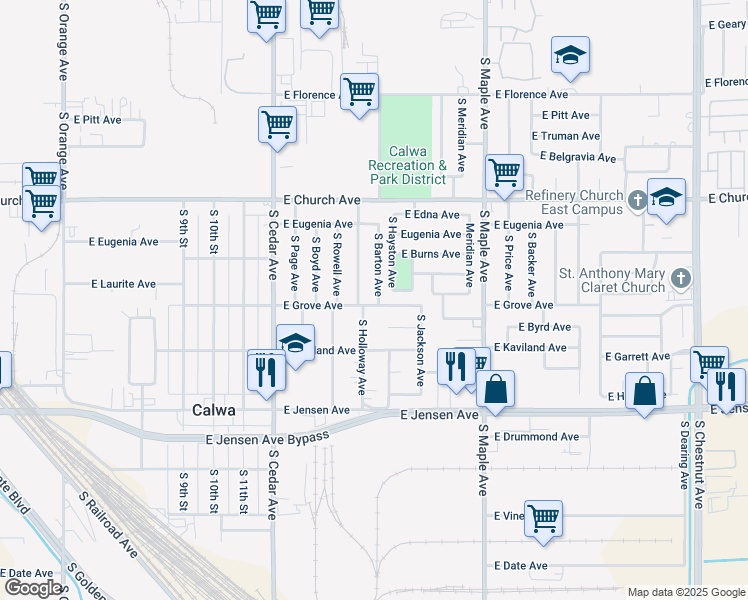 map of restaurants, bars, coffee shops, grocery stores, and more near 2496 South Barton Avenue in Fresno