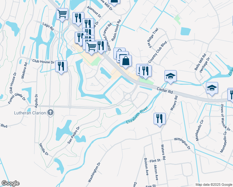 map of restaurants, bars, coffee shops, grocery stores, and more near 1219 San Roman Court in Chesapeake