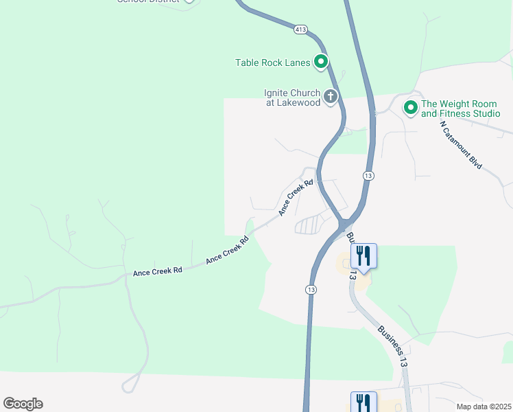 map of restaurants, bars, coffee shops, grocery stores, and more near 128 Fritts Way in Branson West