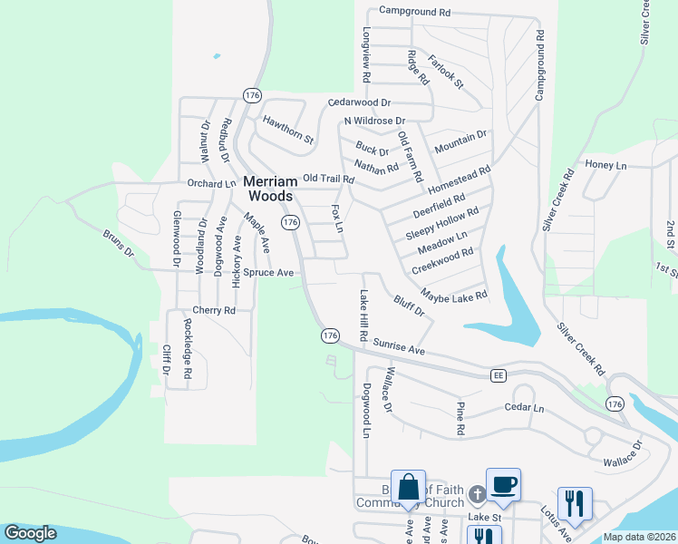 map of restaurants, bars, coffee shops, grocery stores, and more near Treetop Lane in Merriam Woods
