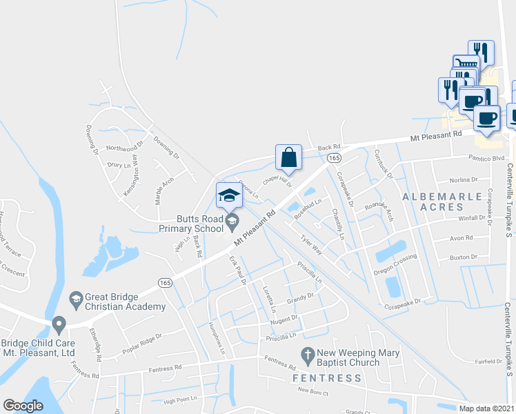 map of restaurants, bars, coffee shops, grocery stores, and more near 804 Corona Lane in Chesapeake