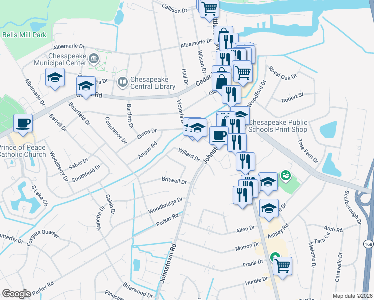 map of restaurants, bars, coffee shops, grocery stores, and more near 217 Willard Drive in Chesapeake