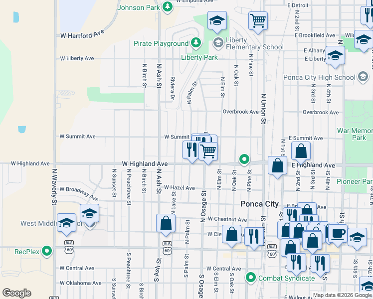 map of restaurants, bars, coffee shops, grocery stores, and more near 730 North Palm Street in Ponca City