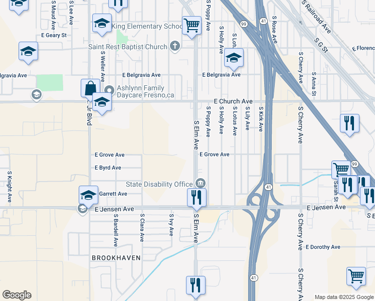 map of restaurants, bars, coffee shops, grocery stores, and more near 2490 South Elm Avenue in Fresno