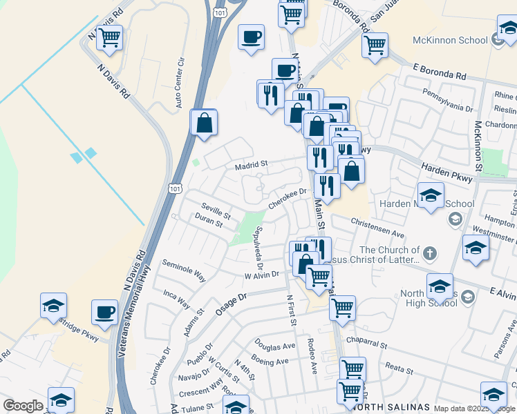 map of restaurants, bars, coffee shops, grocery stores, and more near 1873 Cherokee Drive in Salinas