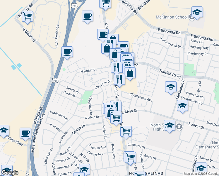 map of restaurants, bars, coffee shops, grocery stores, and more near 1880 Cherokee Drive in Salinas