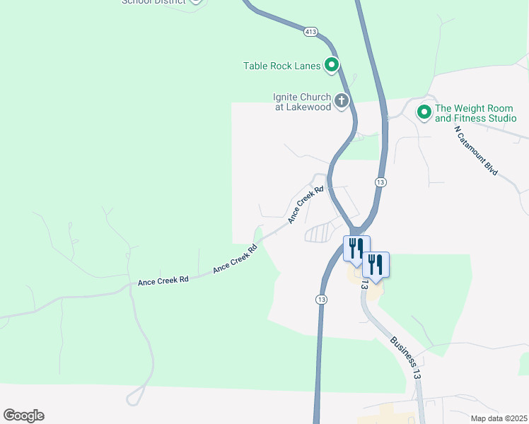 map of restaurants, bars, coffee shops, grocery stores, and more near 128 Fritts Way in Branson West