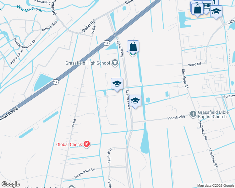 map of restaurants, bars, coffee shops, grocery stores, and more near 2007 Scenic Parkway in Chesapeake