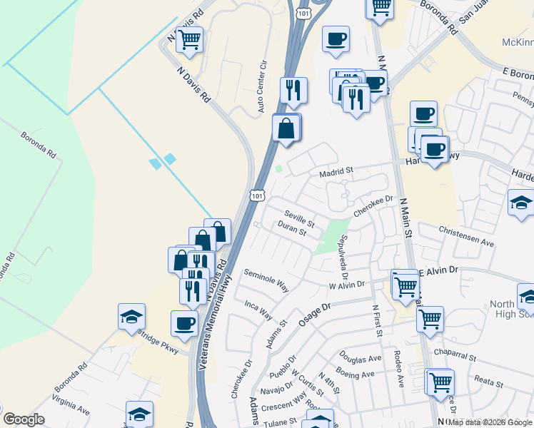 map of restaurants, bars, coffee shops, grocery stores, and more near 1634 Cherokee Drive in Salinas