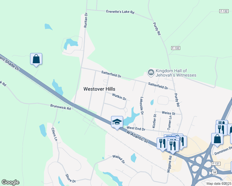 map of restaurants, bars, coffee shops, grocery stores, and more near 1514 Watkin Drive in Emporia