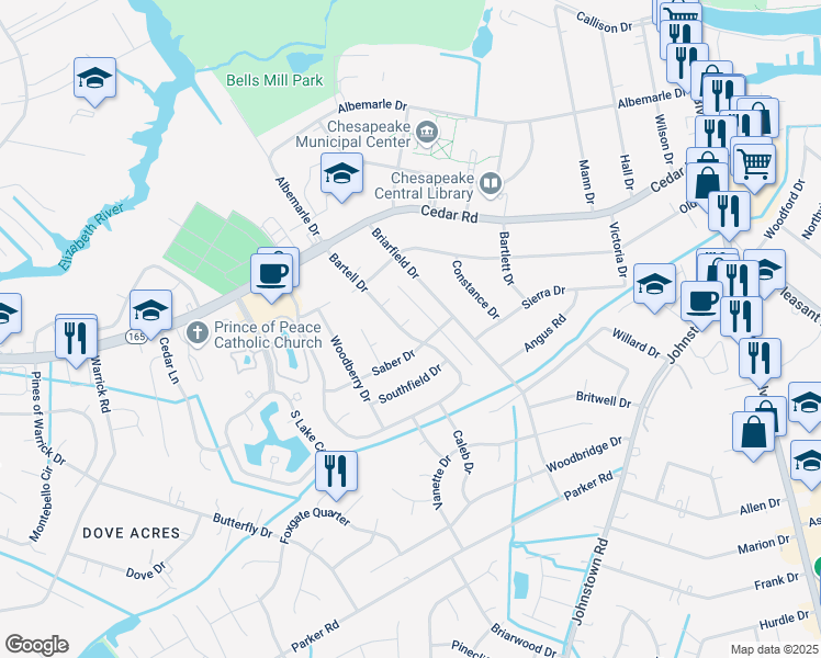 map of restaurants, bars, coffee shops, grocery stores, and more near 345 Bartell Drive in Chesapeake
