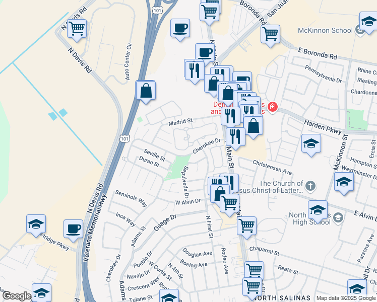 map of restaurants, bars, coffee shops, grocery stores, and more near 1877 Cherokee Drive in Salinas