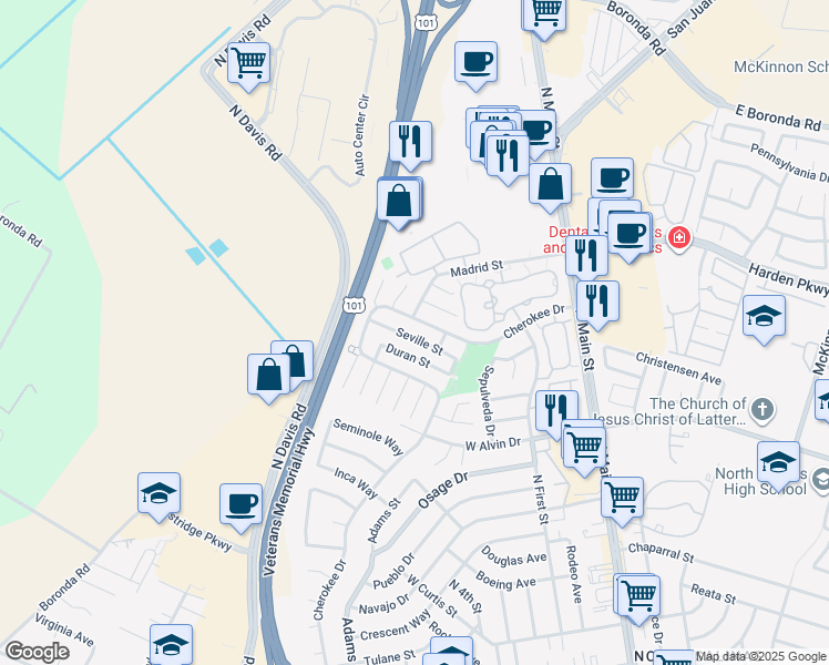 map of restaurants, bars, coffee shops, grocery stores, and more near 1656 Seville Street in Salinas