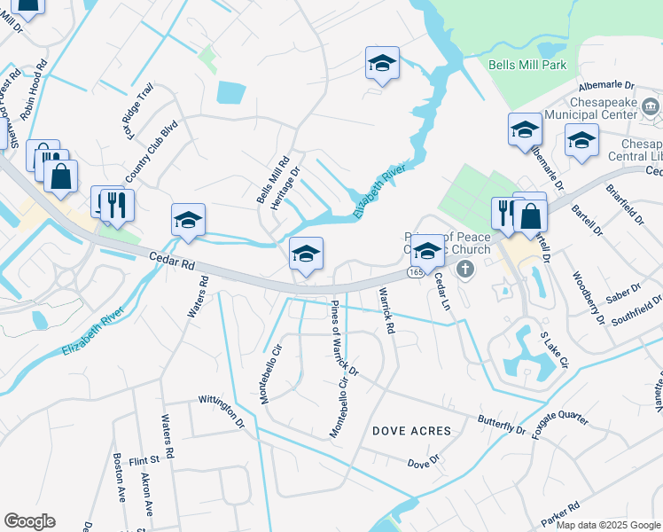 map of restaurants, bars, coffee shops, grocery stores, and more near 820 Mill Landing Road in Chesapeake
