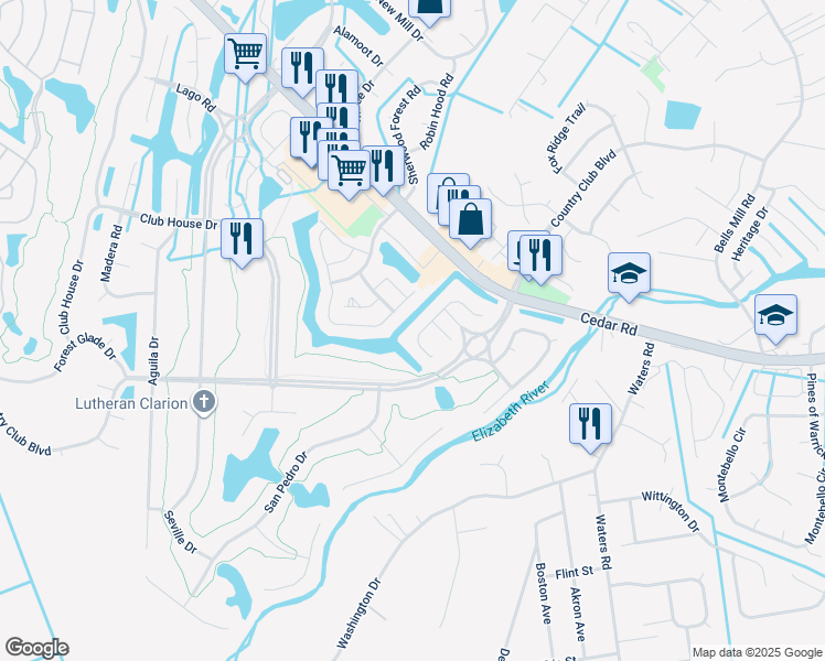 map of restaurants, bars, coffee shops, grocery stores, and more near 434 San Roman Drive in Chesapeake