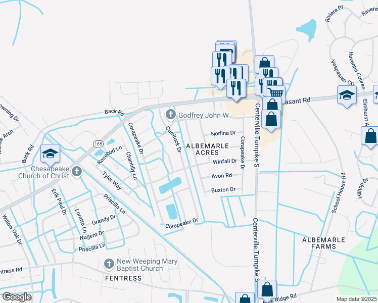 map of restaurants, bars, coffee shops, grocery stores, and more near 440 Fairfield Drive in Chesapeake