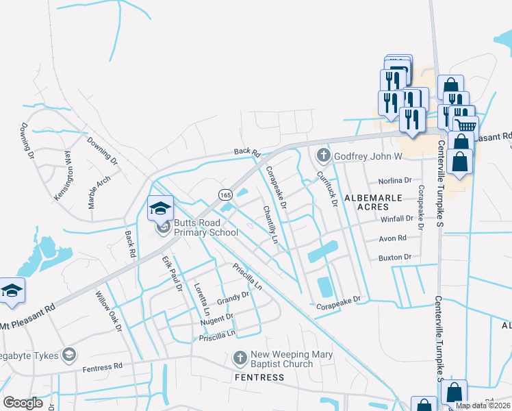 map of restaurants, bars, coffee shops, grocery stores, and more near 1225 Rosebud Ln in Chesapeake