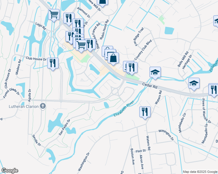 map of restaurants, bars, coffee shops, grocery stores, and more near 1216 San Roman Court in Chesapeake
