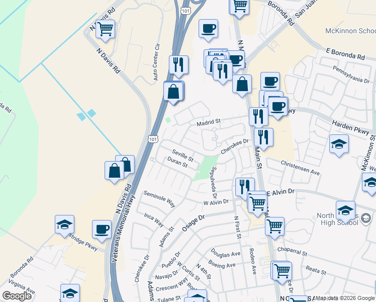 map of restaurants, bars, coffee shops, grocery stores, and more near 1704 Cherokee Drive in Salinas