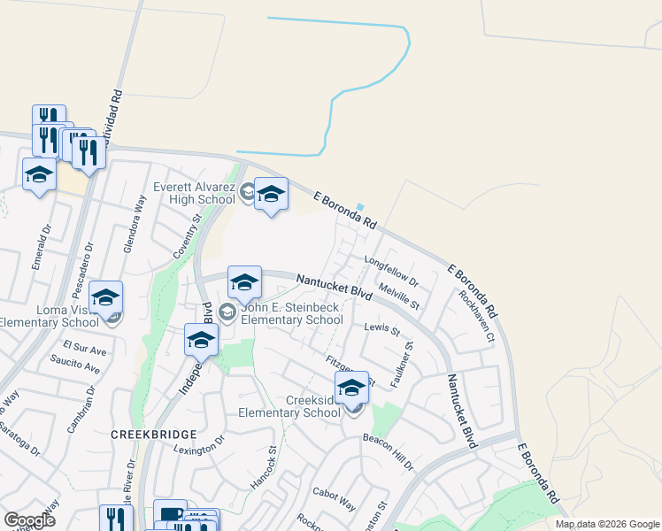 map of restaurants, bars, coffee shops, grocery stores, and more near 1925 Bradbury Street in Salinas