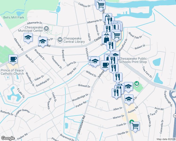 map of restaurants, bars, coffee shops, grocery stores, and more near 217 Willard Drive in Chesapeake