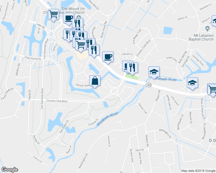 map of restaurants, bars, coffee shops, grocery stores, and more near 1216 San Roman Court in Chesapeake
