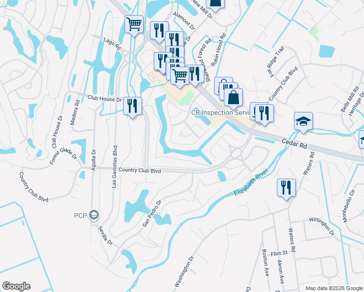 map of restaurants, bars, coffee shops, grocery stores, and more near 510 Whisper Walk in Chesapeake