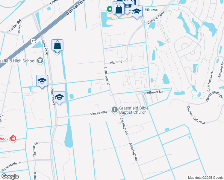 map of restaurants, bars, coffee shops, grocery stores, and more near 913 Shillelagh Road in Chesapeake
