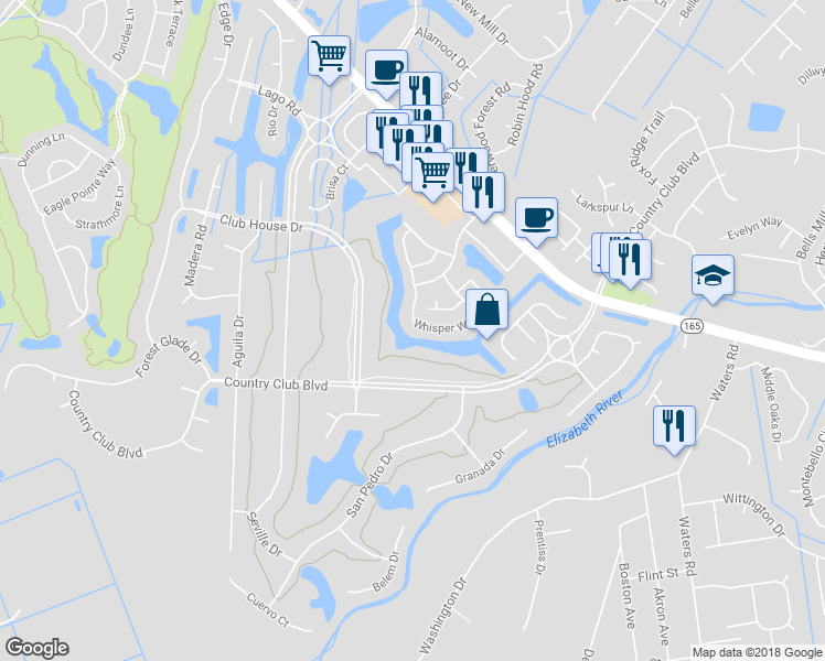 map of restaurants, bars, coffee shops, grocery stores, and more near 601 Whisper Walk in Chesapeake