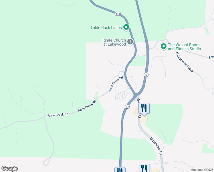 map of restaurants, bars, coffee shops, grocery stores, and more near 118 Fritts Way in Branson West