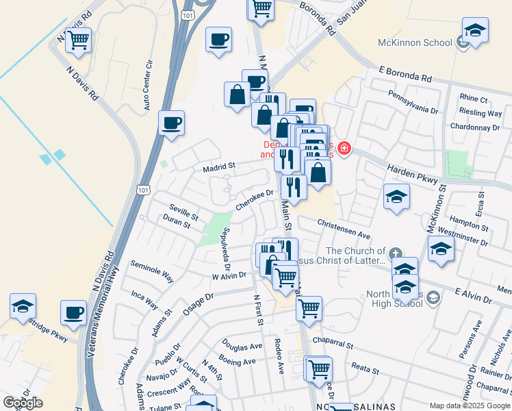 map of restaurants, bars, coffee shops, grocery stores, and more near 1824 Cherokee Drive in Salinas