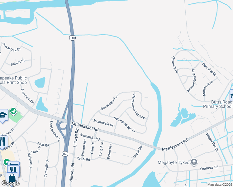 map of restaurants, bars, coffee shops, grocery stores, and more near 468 Beauregard Drive in Chesapeake