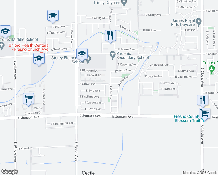 map of restaurants, bars, coffee shops, grocery stores, and more near 2508 South Villa Avenue in Fresno