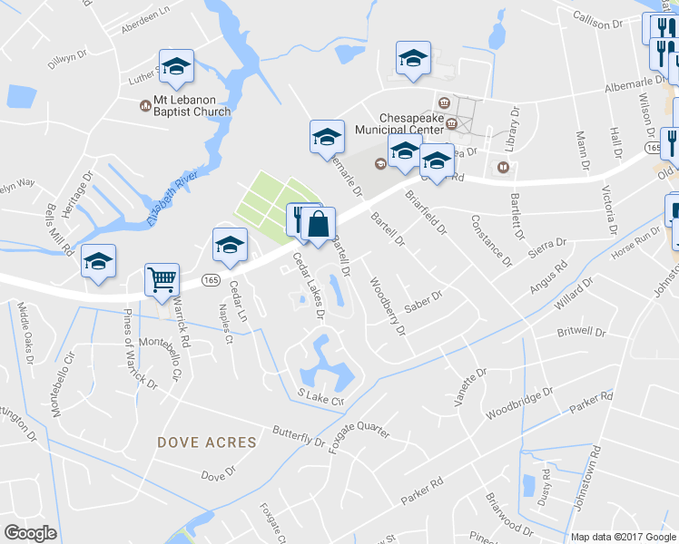 map of restaurants, bars, coffee shops, grocery stores, and more near 427 East Lake Circle in Chesapeake