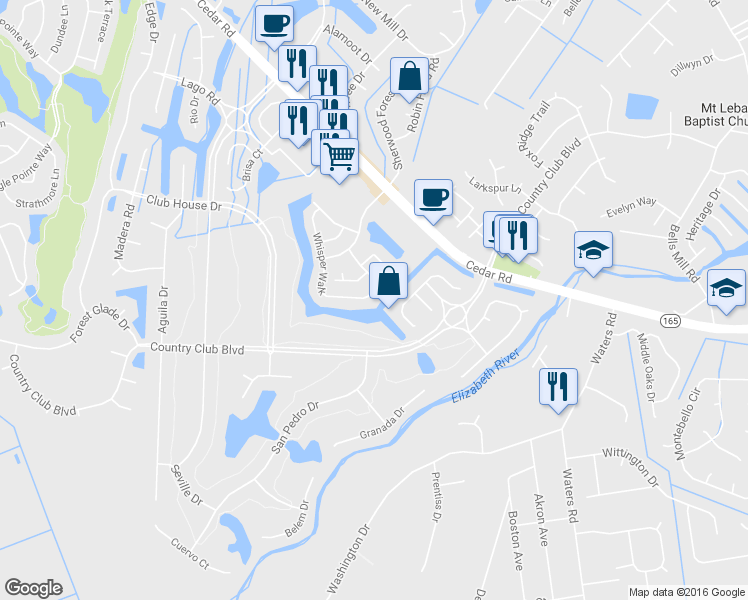 map of restaurants, bars, coffee shops, grocery stores, and more near 505 Whisper Walk in Chesapeake
