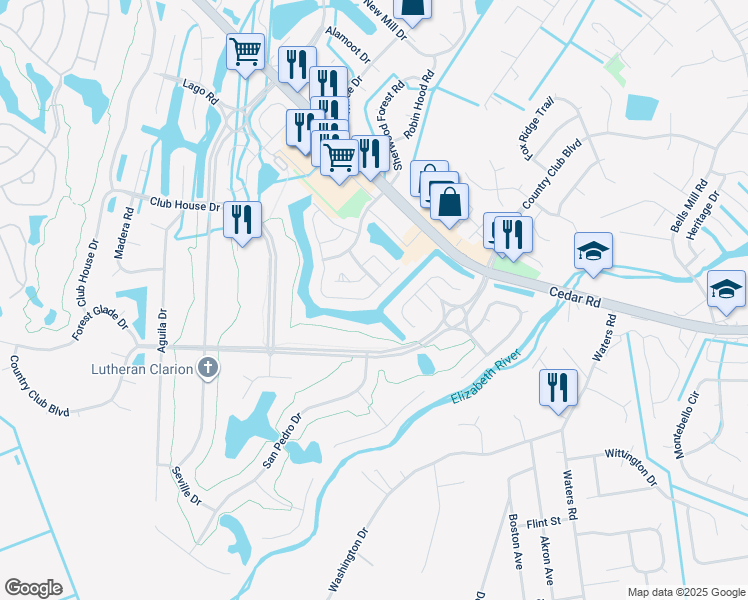 map of restaurants, bars, coffee shops, grocery stores, and more near 505 Whisper Walk in Chesapeake