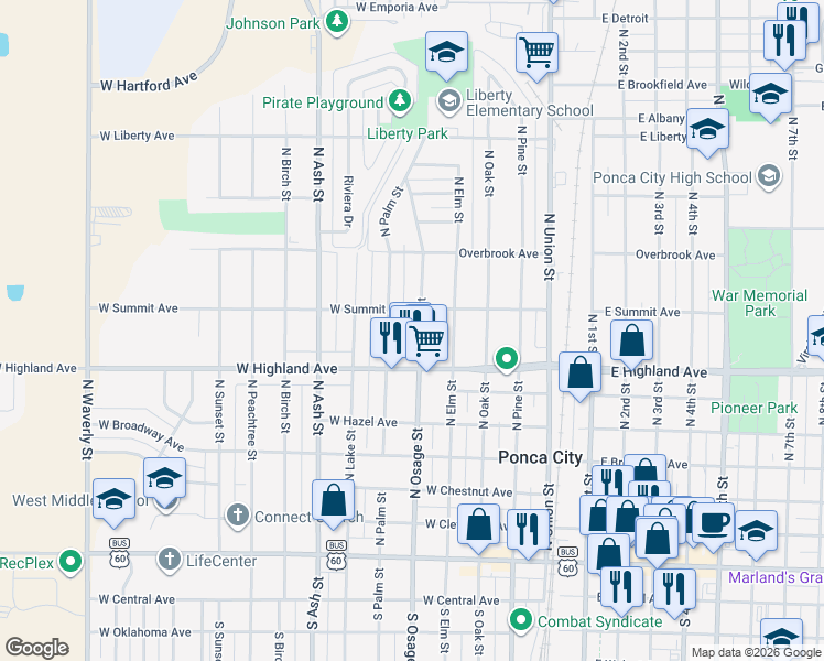 map of restaurants, bars, coffee shops, grocery stores, and more near 734 North Palm Street in Ponca City