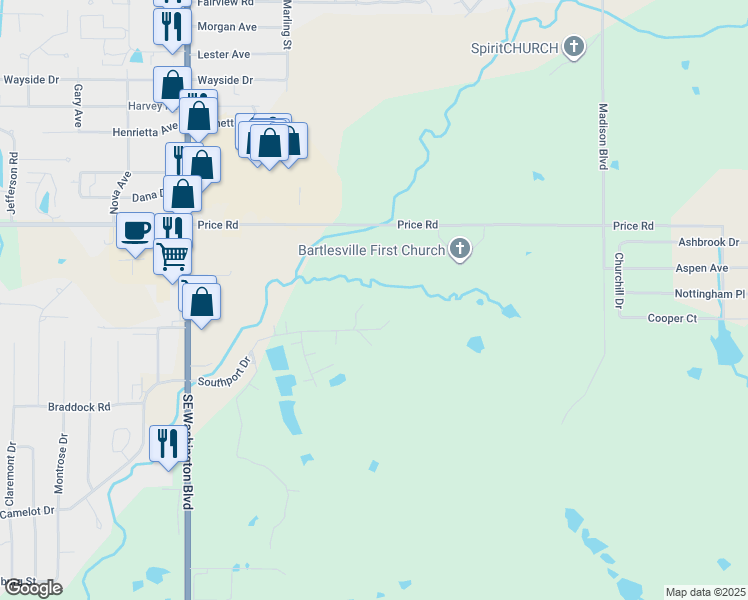 map of restaurants, bars, coffee shops, grocery stores, and more near 4510 Southport Drive in Bartlesville