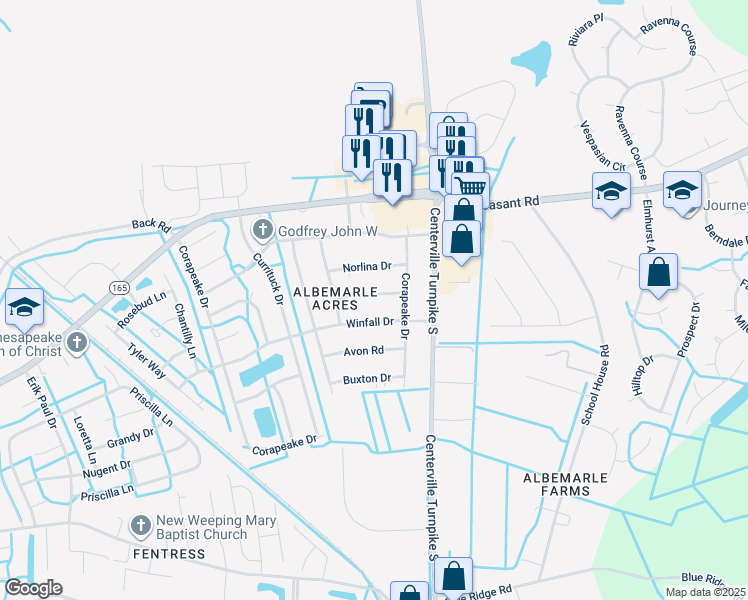map of restaurants, bars, coffee shops, grocery stores, and more near 1417 Windsor Road in Chesapeake
