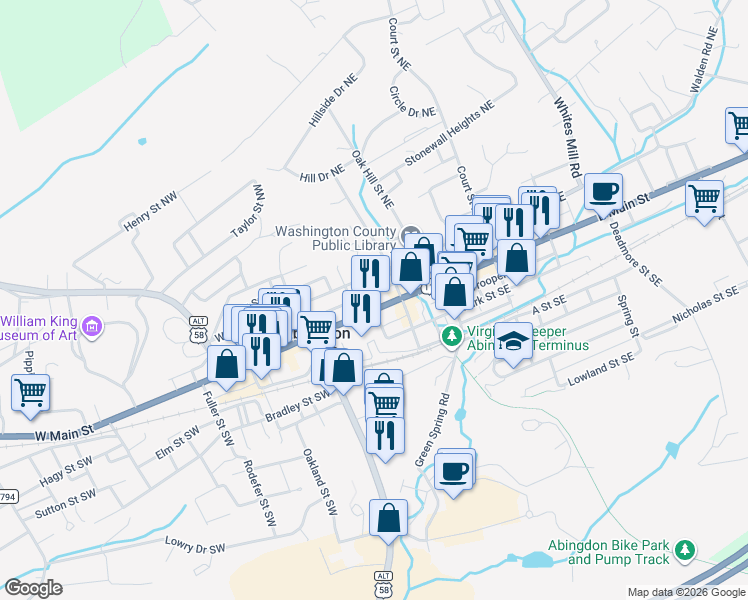 map of restaurants, bars, coffee shops, grocery stores, and more near 123 West Main Street in Abingdon
